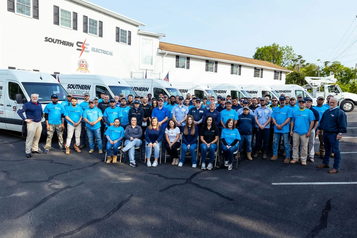 Southern Electrical team gathered outside their office with branded service vans